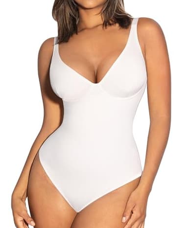 FeelinGirl White Shapewear Bodysuit Shape Wear Tummy Control Thong Corset Top Body Suits for Women, L - Image 1