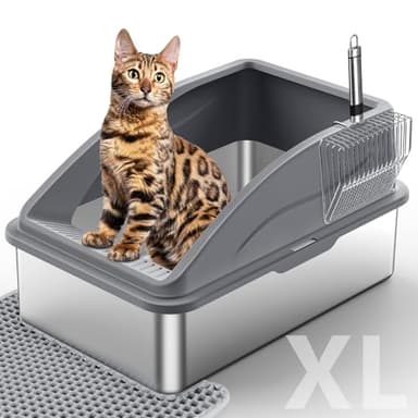 Stainless Steel Litter Box, Extra Large Litter Boxes for Big Cats, XL Metal Cat Litter Box with Lid, Anti-Urine Leakage, Non-Sticky, Include Cat Mat and Litter Scoop - Image 1