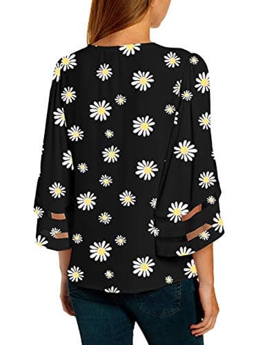 LookbookStore Women's Casual Cute V Neck Mesh Panel Blouse 3/4 Bell Sleeve Loose Top Flowy Lounge Shirt Daisy Floral Printed Black Size Large - Image 2