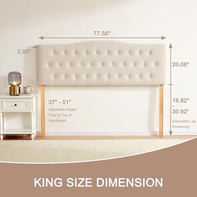 Huatean Home Tufted Upholstered Headboard King Size, Sturdy and Durable Solid Wood Bed headboard, Fabric Headboard Adjustable Height from 37” to 51”, Modern Button Diamond Design Head Board, Beige - Image 2
