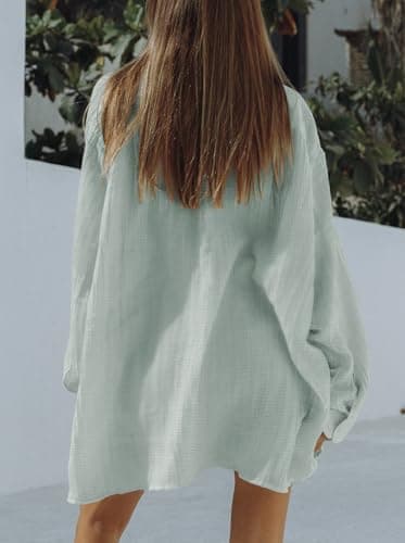 Fixmatti Button Down Lounge Sets for Women Long Sleeve 2 Piece Outfits Oversized Shirt Mini Shorts Crab Green M - Image 7