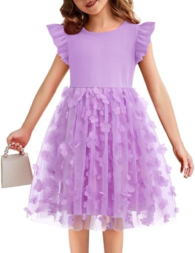 Flypigs Toddler Tutu Dress Girls Flutter Summer Dresses Formal Purple Butterfly Easter Sundress for 5 Years - Image 1