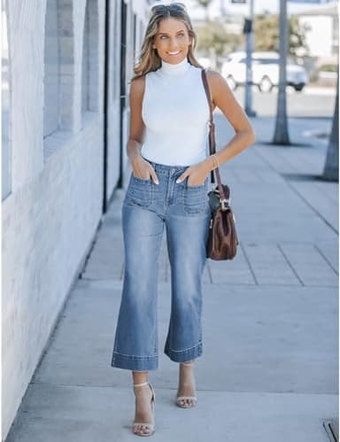 luvamia Wide Leg Jeans for Women Trendy High Waisted Flare Jeans Cropped Denim Pants Stretchy Baggy with Patch Pockets Jeans for Women Trendy Business Casual Clothes for Women Blue Tides Size 10 - Image 5