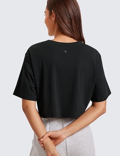 CRZ YOGA Women's Pima Cotton Workout Crop Tops Short Sleeve Yoga Shirts Casual Athletic Running T-Shirts Black XX-Small - Image 2