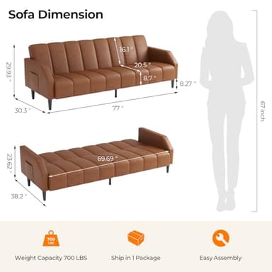 Fadware Faux Leather Couch, Convertible Futon Sofa Bed with Adjustable Backrest, Mid Century Leather Sofa Loveseat with Side Pockets& Metal Leg, Modern Leather Sleeper Sofa for Living Room Bedroom - Image 2