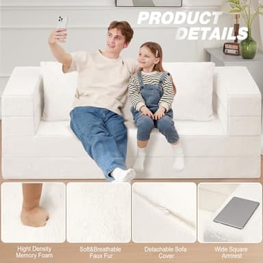 Cansunna Folding Bean Bag Chair for Adults,3-in-1 Bean Bag Couch Faux Fur Floor Sofa Large Beanbag Convertible Bean Bag Sofa Bed with Pillow in Bedroom,Living Room,Apartment(Queen,Milky White) - Image 8