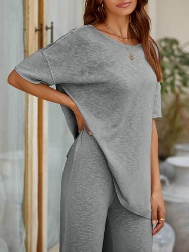Tankaneo Women's 2 Piece Travel Outfits Casual Short Sleeve Knit Sweater Set Wide Leg Pants Lounge Sets Tracksuit - Image 4