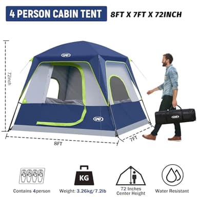 UNP 4-Person Tent, Portable Cabin Tent, Camping Tent 4-Person Easy Set Up, Waterproof with Top Rainfly for Outdoor Camping/Hiking (Dark Blue) - Image 2