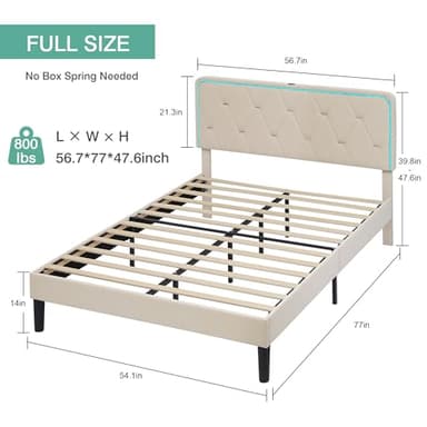VECELO Upholstered Queen Bed Frame with Headboard Adjustable, Velvet Platform Beds with LED Lights, Charging Station, Mattress Foundation with Wooden Slats, Noise Free, No Box Spring Needed, Soft Grey - Image 2