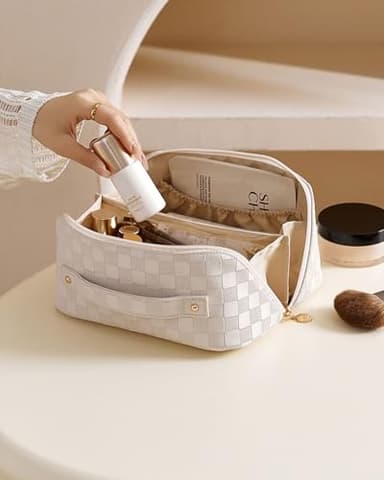 EACHY Travel Makeup Bag, Large Capacity Cosmetic Bags for Women, Waterproof Portable Open Flat Toiletry Bag Make up Bag with Divider and Handle, Gifts for Women (White-4, Medium) - Image 8