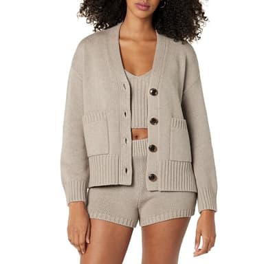 The Drop Women's Brigitte Cotton Blend Chunky Cardigan, Heather Mushroom, XS - Image 1