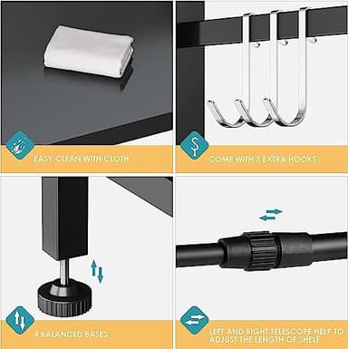 DOLALIKE Microwave Oven Rack, Expandable Microwave Stand Countertop Kitchen Utensils Tableware Storage, Carbon Steel Over Microwave Shelf Countertop with 3 Hooks - Image 5