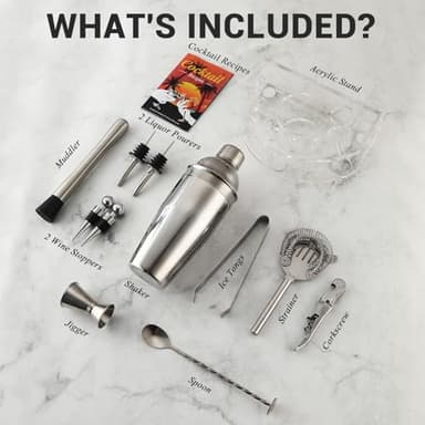 Bartender Kit Cocktail Shaker Set, Stainless Steel Cocktail Kit with 12 Piece Bar Accessories, 25oz Shaker Bar Set Drink Mixer Set with Stand Jigger Strainer Spoon Muddler for Cocktails (Silver) - Image 2