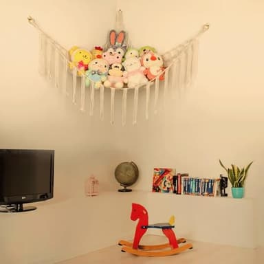 Stuffed Animal Hammock Corner, Hand-knitted Large Plushie Net Toy Hammock with Wooden Rings | Boho Cute Stuff Animal Storage for Nursery & Bedroom | Mesh Kids Toy Organizer Holder Nursery Room Decor - Image 4