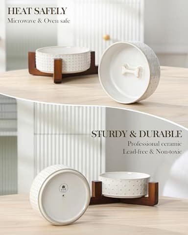 MALACASA Dog Bowl Set with Walnut Wood Stand, 1.5 Cups Ceramic Pet Bowls for Puppy Dogs, Dual Food and Water Bowls with Weighted Non-Slip Base, Basic Bowls for Your Dog or Cat, Rhombic & Polka Dots - Image 7