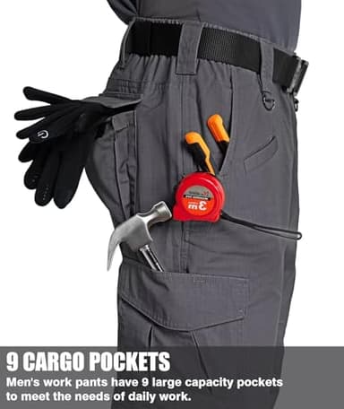 Zoofly Mens Hiking Pants with Pockets Water Proof Cargo Work Pants for Men Ripstop Army Cargo Pants Elastic Waist Grey 32W*32L - Image 2