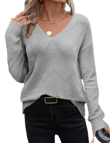Zeagoo Fall Sweaters for Women Fashion 2025 Dressy Casual Deep V Neck Soft Long Sleeve Shirt for Work Going Out Gray L - Image 1