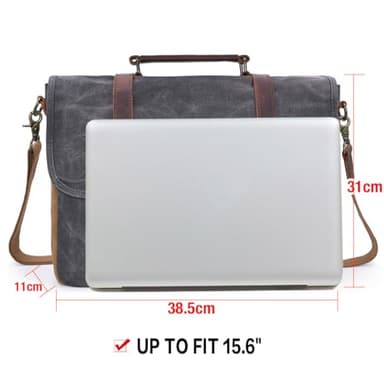 Mens Messenger Bag 15.6 Inch Waterproof Vintage Genuine Leather Waxed Canvas Briefcase Large Satchel Shoulder Bag Rugged Leather Computer Laptop Bag, Grey - Image 7