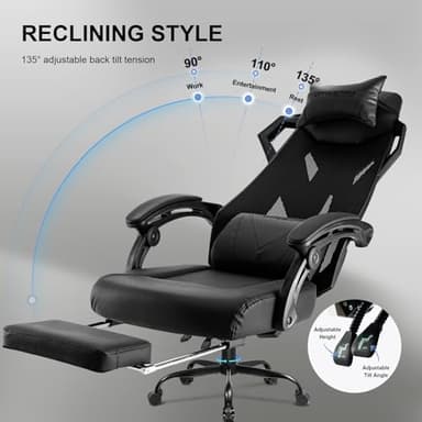GTRACING Gaming Chair, Computer Chair with Mesh Back, Ergonomic Gaming Chair with Footrest, Reclining Gamer Chair with Adjustable Headrest and Lumbar Support for Gaming and Office (Black) - Image 7