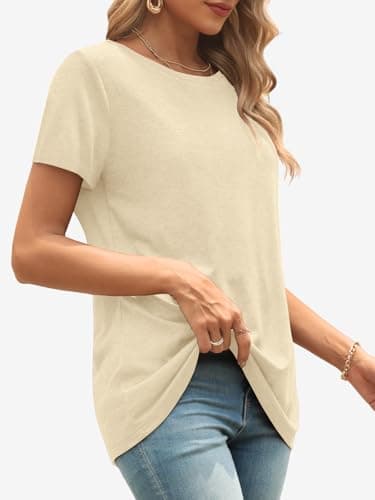 ATHMILE Short Sleeve Tunic Tops for Women Fashion Clothes Juniors Casual Crew Neck Basic Tee Cotton Spring Shirts Cream - Image 4