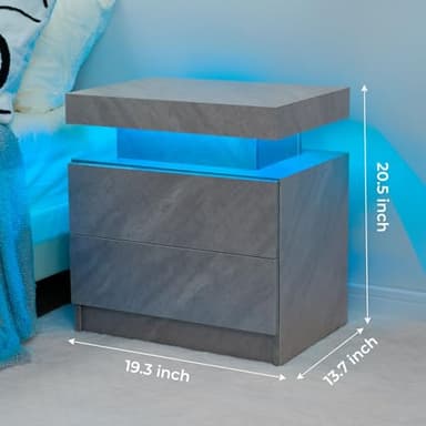 i-aplus Grey Night Stand Set 2 Modern Bedside Tables with 2 Drawers Bedroom Night Stands Set of 2 LED Night Stand for Bedroom, Living Room - Image 2
