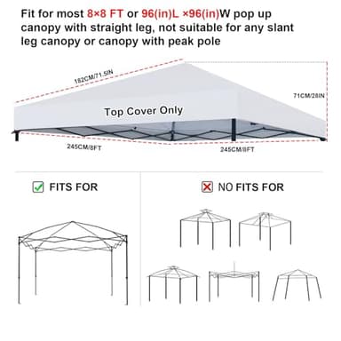 Joramoy 8×8 Canopy Replacement Top Only, Waterproof Pop Up Canopy Tent Cover with Windproof Ropes for Straight Leg Frame, Canopy Top Sunshade Sliver Coated for Outdoor Garden Patio Camping(White) - Image 2