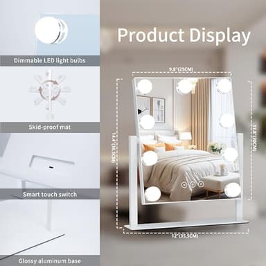 Kotdning Vanity Mirror with Lights,Lighted Vanity Mirror with 9 Dimmable Bulbs for Dressing Room & Bedroom,3 Color Lighting,Modes Detachable 10x Magnification 360°Ratation(White) 12" L x 14.4" W - Image 6