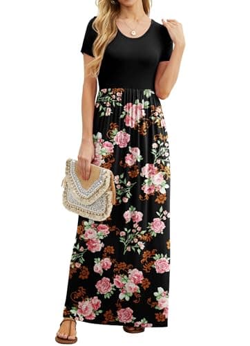 GRECERELLE Womens Black Floral Summer Dresses Short Sleeve Long Dresses for Vacation with Pocket XL, Flower Rose Black - Image 2
