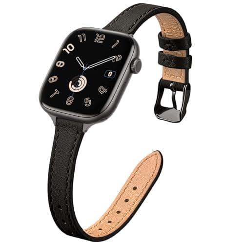 STIROLL Slim Leather Bands Compatible with Apple Watch Band 38mm 40mm 41mm 42mm(Series 11 10), Top Grain Leather Watch Thin Wristband for iWatch Ultra SE Series 9 8 7 6 5 4 3 2 1 (Black) - Image 1