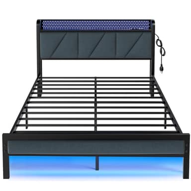 Furnulem Full Bed Frame with LED Lights,Headboard with Charging Station and USB Port,Upholstered Platform Bedframe Metal Support,No Box Spring Needed - Image 9
