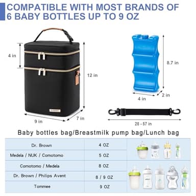 BABEYER Breastmilk Cooler Bag with Ice Pack Fits 6 Baby Bottles Up to 9 Ounce, Double Deck Leak-Proof Baby Bottles Bag with Shoulder Strap for Nursing & Working Mom, Black - Image 4