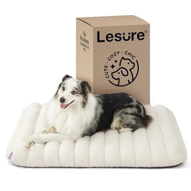 LE SURE Cute Orthopedic Dog Bed Large Sized Dog, Waterproof Chic Flat Pet Beds with Removable Washable Cover, Fuzzy Thick Egg Crate Foam Pet Mat for Indoor Use (36" x 27", Cream) - Image 1