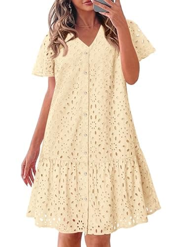 KIRUNDO Summer Dresses for Women 2025 Eyelet Button Down V Neck Short Sleeve Hollow Out A Line Loose Mini Babydoll Dress(Beige, Large) - Image 1
