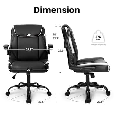 NEO CHAIR Office Desk Computer Chair Ergonomic Executive Mid-Back Leather Gaming Chair with Adjustable Flip-Up Armrests Wheels Swivel for Home Study Task (Black) - Image 3
