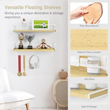 Forbena Floating Shelves for Wall with Rail, White and Natural Wood Nursery Book Shelves for Baby Girls Boys Kids Room Bedroom, Hanging Bookshelves Wall Mounted for Books, Toys, Bathroom (Set of 2) - Image 7