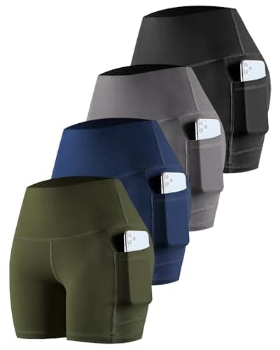 CHRLEISURE Womens Biker Yoga Shorts with Pockets: High Waisted Tummy Control Spandex Workout Athletic Gym Shorts 4 Packs(5'' Black,Gray,Navy,JGreen, M) - Image 1