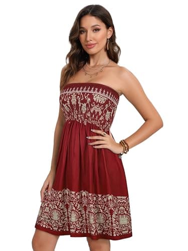 Strapless Sun Dresses for Women Short Swing Summer Dress Bandeau Beach Cover Up(Boho Red Yellow Print,XL) - Image 3