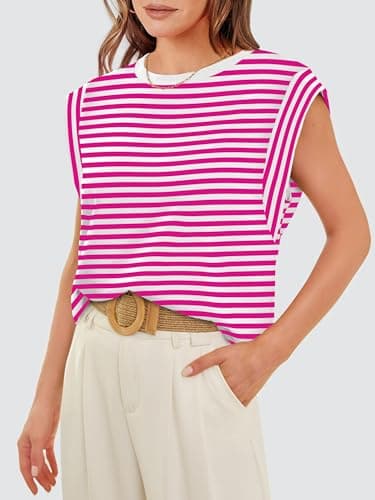 Cute Top for Women Summer Tops 2025 Casual Womens Tank Top Loose Fit Trendy 2025 Work Business Going Out Flowy T Shirts Cap Sleeve Sleeveless Basic Tee Tshirts Clothes Fuchsia Striped L - Image 4