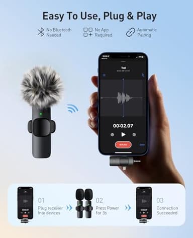 MENERESAS 3-in-1 Mini Microphone for iPhone: Wireless Lavalier Microphones for iOS/Android/Camera - Noise Reduction Lapel Mic forLive Stream - HiDefSound for Video Mavericks (Dignified Black) - Image 3