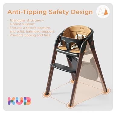 KUB High Chair for Babies and Toddlers Adjustable Foldable Convertible 5 Point Harness Easy Clean Wood-Printed Metal with Removable Tray Baby Highchair for Family (Black&Walnut Wood-Printed Metal) - Image 8