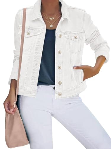 luvamia FleXclusive Women's Basic Button Down Stretch Fitted Long Sleeves Denim Jean Jacket White Denim Jacket Women Cream White Size Medium Fits Size 8-10 - Image 1