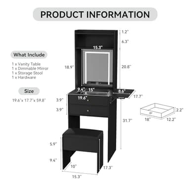 ARTETHYS Small Vanity Desk Set with 3 Adjustable Lighted Mirror and Storage Chair Mini Black Makeup Vanities Set for Bedroom Compact Make up Dressing Table with Fold-up Panel for Tiny Space - Image 6