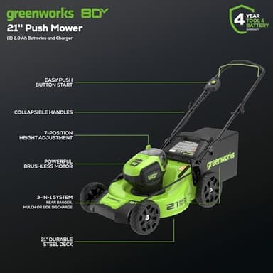 Greenworks 80V 21" Brushless Cordless (Push) Lawn Mower (75+ Compatible Tools), (2) 2.0Ah Batteries and 30 Minute Rapid Charger Included - Image 2