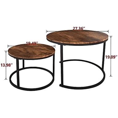 HOJINLINERO Industrial Round Coffee Table Set of 2 End Table for Living Room,Stacking Side Tables, Sturdy and Easy Assembly,Wood Look Accent Furniture with Metal Frame,Black+Rustic Brown - Image 8