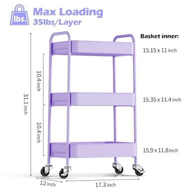 TOOLF 3-Tier Metal Rolling Cart with Wheels, Storage Utility Organizer Cart for Kitchen, Bathroom, Office, Baby Essentials & Makeup - Lockable Casters, Easy Assembly, Large Capacity, Purple - Image 2