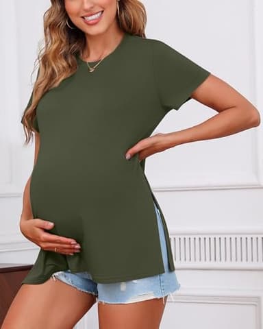 Ficerd 3 Pack Women's Maternity T Shirts, Short Sleeve Side Split Pregnancy Tops Casual Crew Neck Pregnant Tees Mama Clothes(Black, Light Gray, Army Green,X-Large) - Image 4