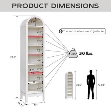 IFGET 71" Tall Arched Bookshelf, 8 Tiers Arch Bookcase with Storage, Modern Farmhouse Book Shelf with Adjustable Shelves, Wood Bookshelf w/Open Display Shelves for Living Room, Office (Antique White) - Image 2