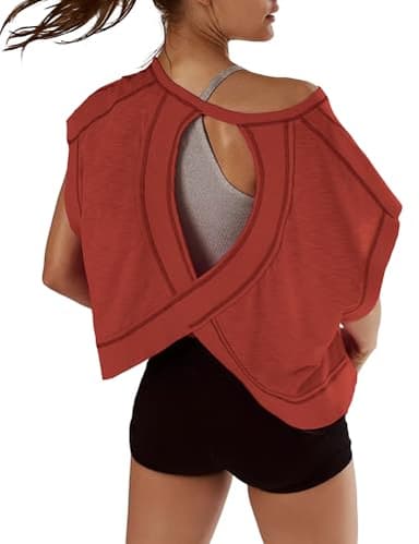 Kumufenc Womens Oversized Tshirts Open Back Batwing Sleeve Gym Shirts Boat Neck Slouchy Tees Workout Athletic Top(Red,L) - Image 1