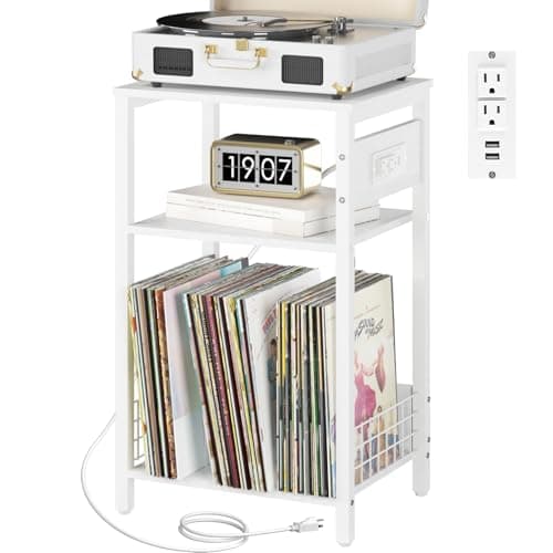 Yoobure Record Player Stand, 3-Tier White Side Table with Charging Station, Small End Table Record Holder with Vinyl Storage, Beside Tables Turntable Stand for Album CD, Night Stand for Living Room - Image 1
