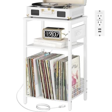 Yoobure Record Player Stand, 3-Tier White Side Table with Charging Station, Small End Table Record Holder with Vinyl Storage, Beside Tables Turntable Stand for Album CD, Night Stand for Living Room - Image 1